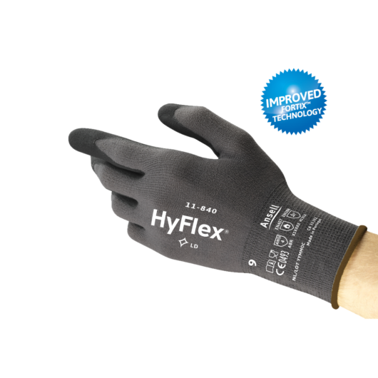 GUANTES HYFLEX CON EXTREMA DURABILIDAD A LA ABRASION NIVEL A1, CON AJUSTE PERFECTO PROPORCIONANDO MAYOT CONFORR Y SENSIBILIDAD TACTIL, ACABADO: PALMA RECUBIERTA, MATERIAL DEL RECUBRIMIENTO: ESPUMA DE NITRILO, MATERIAL DEL FORRO: NYLON, SPANDEX, TIPO DE PU – Ref.11-840/8