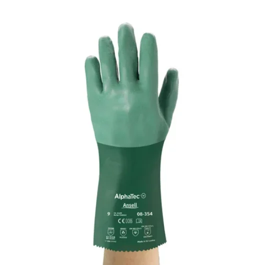 GUANTE CON RECUBRIMIENTO DE NEOPRENO Y FORRO PUNTO DE ALGODÓN. MOD. 08-354, MARCA ANSELL. SISE 9. LARGO 14» (355 mm). COLOR VERDE. CATEGORIA III, CUMPLE CON EN ISO 374-1:20169. – Ref.08-354/9