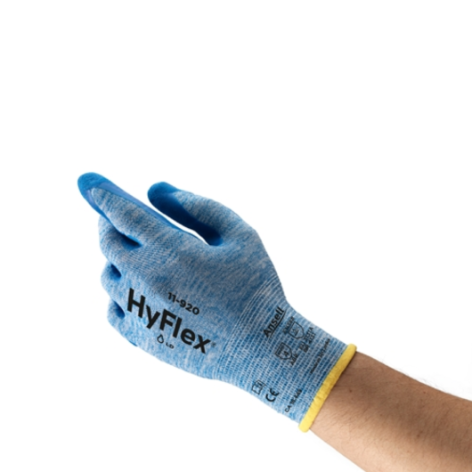 GUANTES DE NITRILO HYFLEX ALTO RENDIMIENTO Y REPELENCIA AL ACEITE, EXCELENTE DESTREZA Y SENSIBILIDAD, COLOR: AZUL, LONGITUD: 208-270 MM/ 8.18-10.62 PULG., ACABADO: PALMA RECUBIERTA, MATERIAL DEL RECUBRIMIENTO: NITRILO, MATERIAL DEL FORRO: NYLON, TIPO DE P – Ref.11-920/9