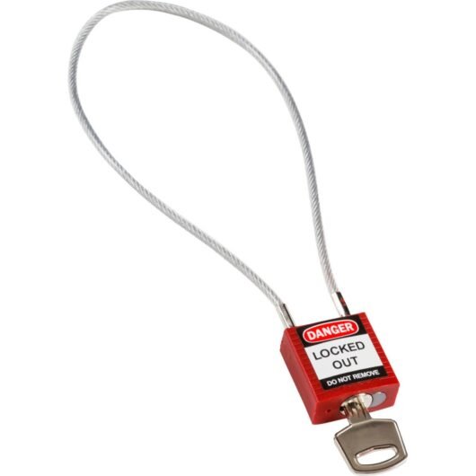 CANDADO DE NYLON CON CABLE ALARGADO Y FLEXIBLE, DE 40CM, ANTI-CHISPA, NO CONDUCTIVO, GRILLETE EN ACERO, COLOR ROJO. CUMPLE CON LSO REQUISITOS DE OSHA. MODELO 146124, MARCA BRADY – 146124