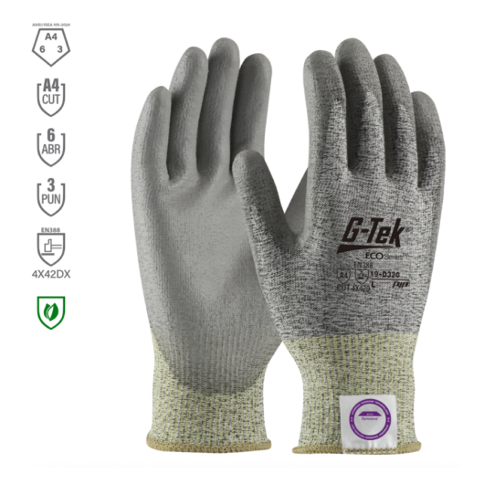 GUANTE ANTICORTE EN DYNEEMA RECUBRIMIENTO DE POLIURETHANO MOD. 19-D320 G-TECK, MARCA PIP. SISE L. CUMPLE CON CE EN 388 (RIESGO MECANICO 4442CX). – Ref.19-D320/L