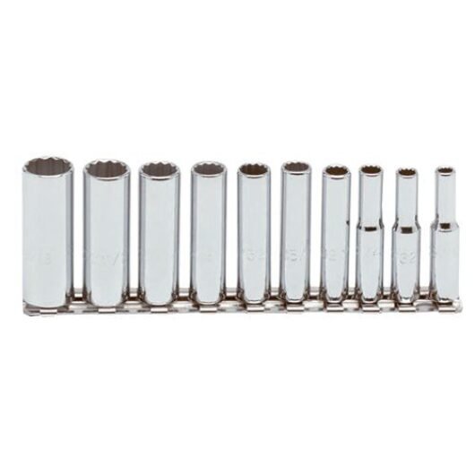 JUEGO DE 10 CUBO LARGO ESTRIADO CROMADO C-1/4″ DE 3/16″ A 9/16″ SIN ACCESORIO PROTO – Ref.J47100