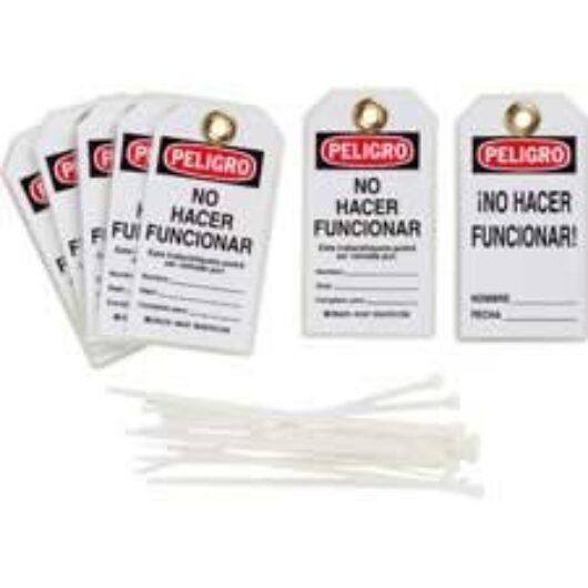 TARJETA NO FACER FUNCIONAR, MATERIAL PLASTICO POLIESTER ALTA RESISTENCIA, SE LIMPIA CON UN PANO, RESISTENTE AL AGUA, LA GRASA Y  TEMPERATURA. ARANDELA DE LATON SUPERA EL REQUISITO DE FUERZA TRACCION DE 50 LIB DE OSHA. DIMENSIONES 5.75 IN H X 3 IN W, COLOR – 65437