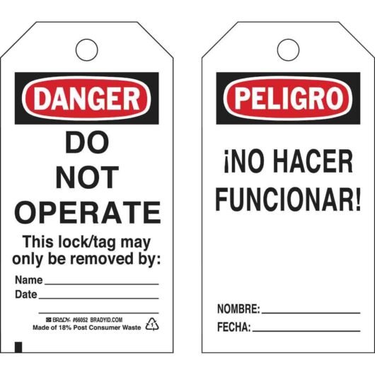 ETIQUETAS DE BLOQUEO NO OPERAR. PAQ. 25/1, MOD. 65670, MARCA BRADY. ARANDELA DE BRONCE CON 7/16¨O 3/8¨DE DIAMETROS.  CUMPLE CON OSHA. – 65670