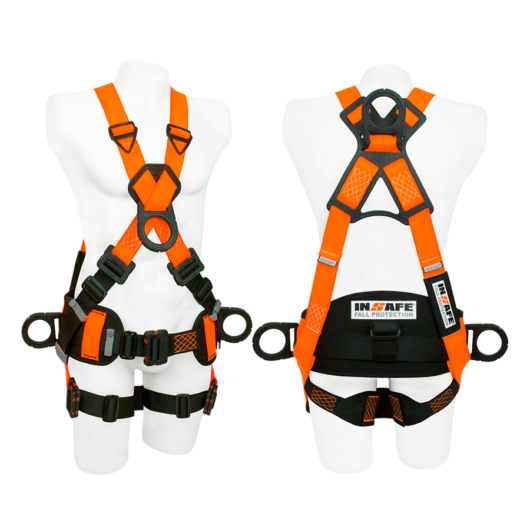 ARNES DE 4 ARGOLLAS DIELECTRICAS EN X CON SOPORTE LUMBAR Y ASENTADERA, DE CUERPO ENTERO EN REATA POLYESTER, CUMPLE CON ANSI/ASSE Z359. 11 – 2014, CSA Z259.12, REF. IN8009-1M-A MARCA INSAFE –  Ref.IN8009-1M-A