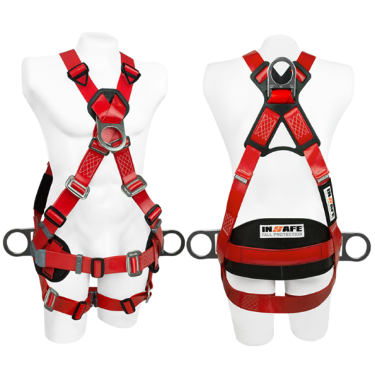 ARNÉS EN X DE CUERPO ENTERO, 4 ARGOLLAS EN POLIURETANO CON HERRAJE EN ACERO INOXIDABLE Y SOPORTE LUMBAR, CUMPLE ANSI/ASSP Z359.11-2021 CSA Z259.12 MARCA: INSAFE –  Ref.IN8004-1PSE