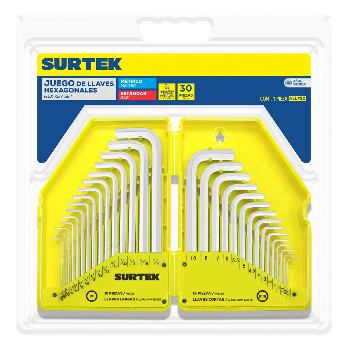 JUEGO DE 30 LLAVE ALLEN DE 0.7MM A 10MM Y DE 0.028" A 3/8" REF:ALLF30 SURTEK - ALLF30 - Imagen 3