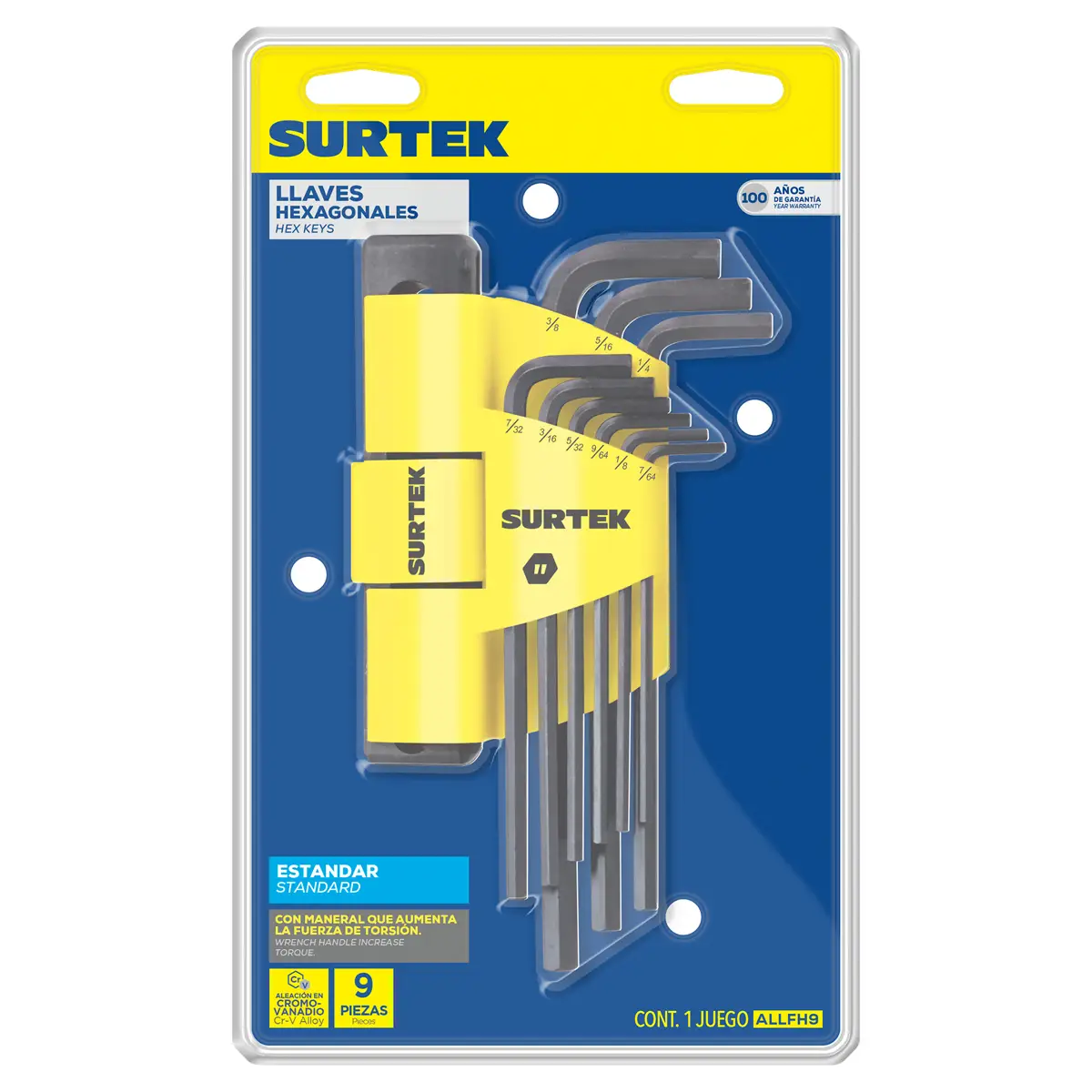JUEGO DE 9 LLAVE ALLEN LARGA DE 7/64" A 3/8" REF:ALLFH9 SURTEK - ALLFH9 - Imagen 2