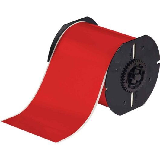 ROLLO DE ETIQUETA ADHESIVA ACRILICO DE VINILO,MOD.  B30C-4000-595-RD,  COLOR ROJO INTERIOR/EXTERIOR 4 X 100’’, MARCA BRADY – B30C-4000-595-RD