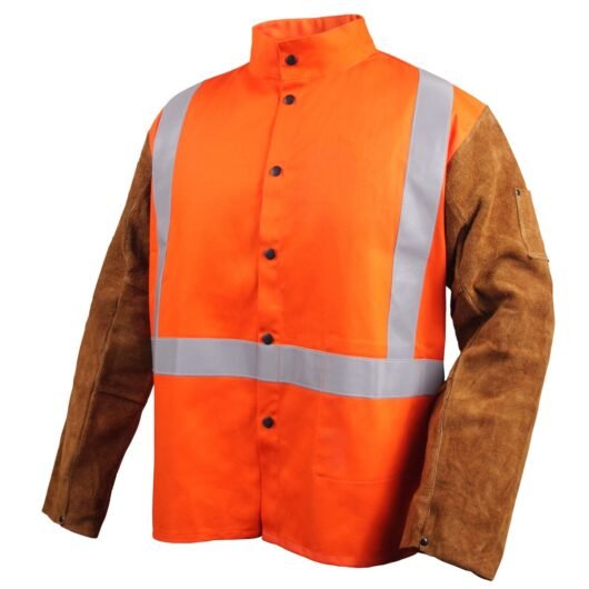 CHAQUETA SOLDADOR EN ALGODÓN CON MAS DE PIEL VACUNO. 9 OZ ALGODÓN, COLOR NARANJA, RESISTENTE A LA LLAMA, CON CINTA REFLECTIVA TIPO «X » EN LA ESPADA DE 2″ DE ANCHO, CON ACCESO TRASERO PARA ARNES DE CAIDA, SIZE L. REF- JH1012-OR-L, MARCA BLACK STALLION – Ref. JH1012-OR-L