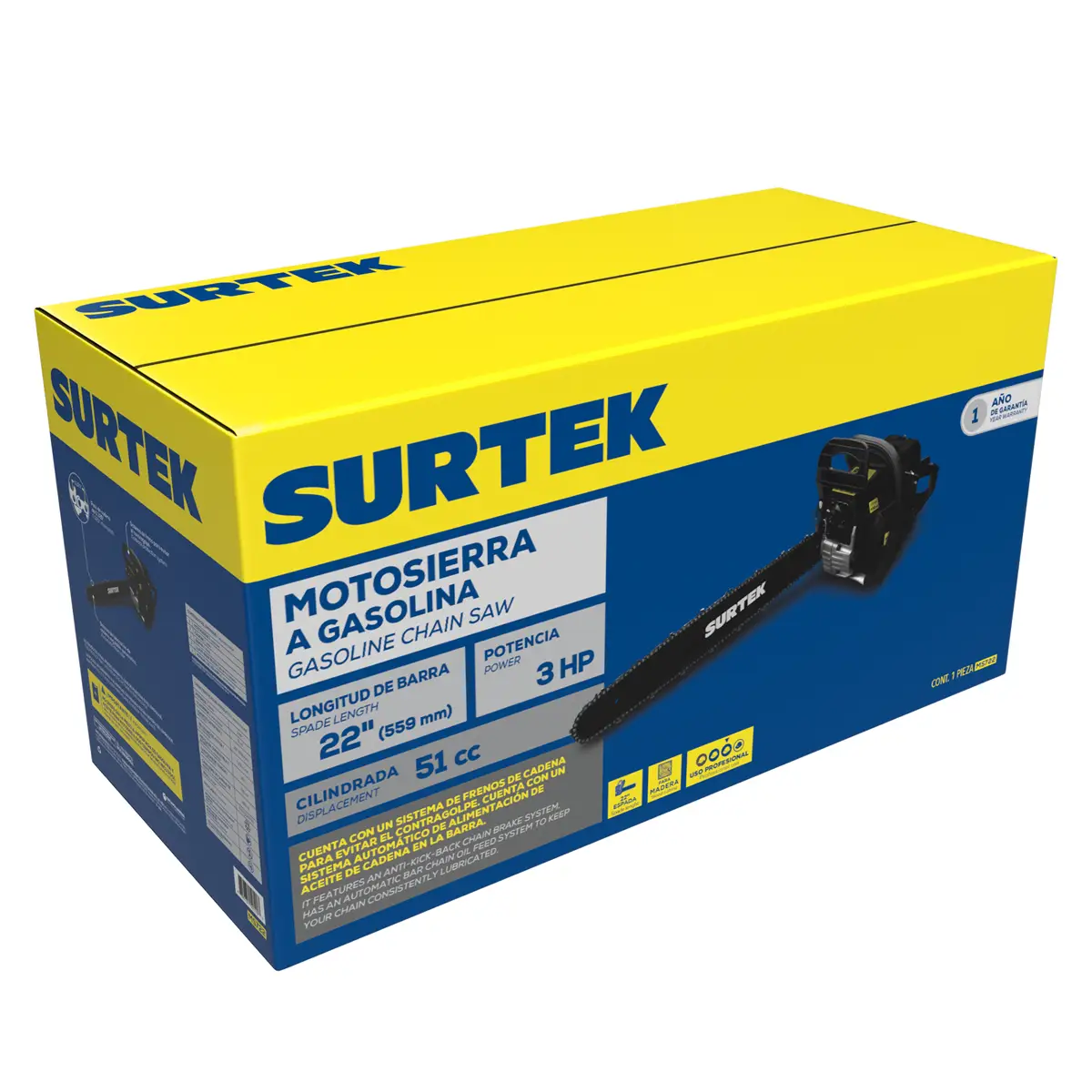 MOTOSIERRA GASOLINA 22" 3 HP 51CC . SURTEK - MS722 - Imagen 2