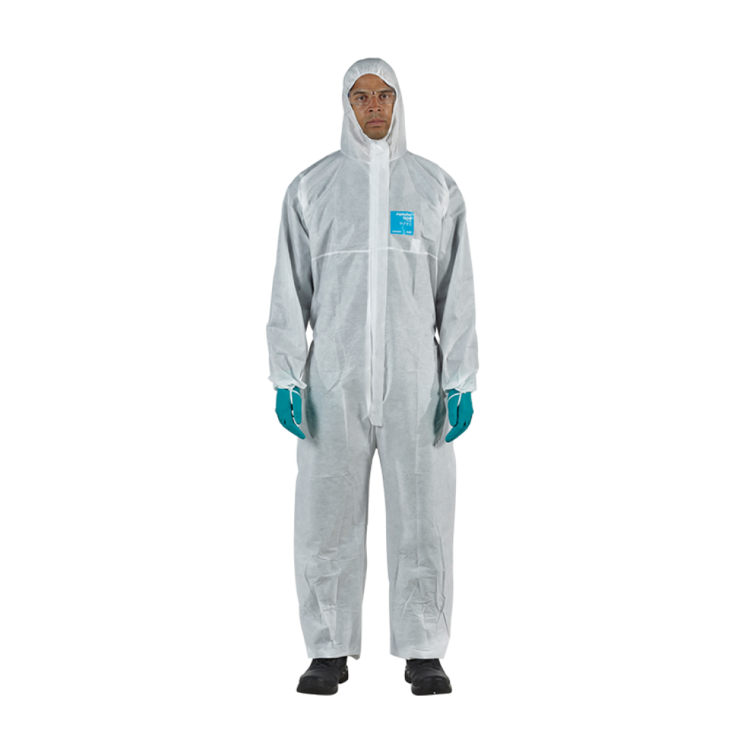 OVEROL DE PROTECCIÓN BLANCO CON CAPUCHA IGNÍFUGO TRANSPIRABLE, SMMS ANTIESTÁTICO QUE GARANTIZA A LOS USUARIOS PROTECCIÓN QUIMICA LIGERA MICROGARD 1500 PLUS FR MODELO 111 SIZE L MARCA ANSELL - Ref.WR17-S-38-111/L