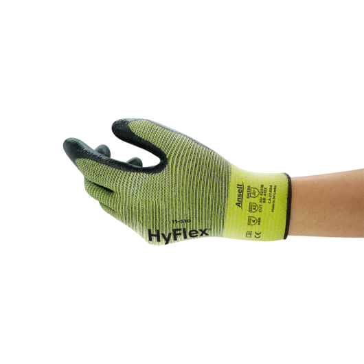 GUANTES HYFLEX PARA PROTECCION CONTRA EL CORTE NIVEL 2, CON DISEÑO PATENTADO KVSD (DISEÑO DE TEJIDO VARIABLE DE SUTURA) ES ANATÓMICAMENTE SIMILAR A LA MANO, OFRECE UN MEJOR AGARRE EN CONDICIONES LIGERAS CON GRASA, Y BUENA RESISTENCIA A LA ABRASIÓN, COLOR: – Ref.11-510