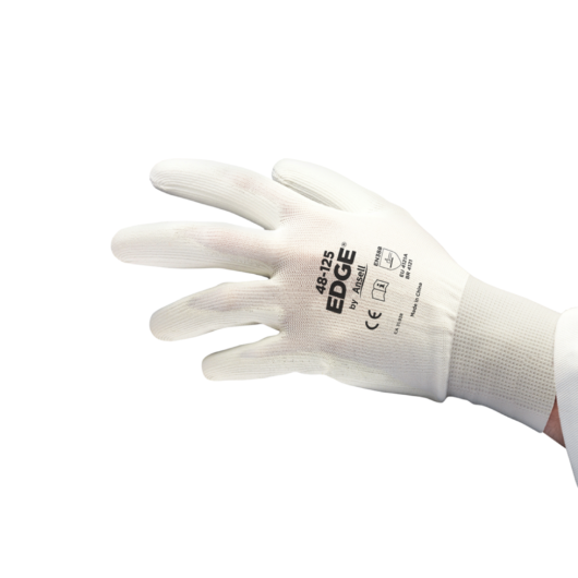 GUANTE CON FORRO BLANCO DE POLIESTER CON MUÑECA TEJIDA ELASTICA SUMERGIDA EN UN RECUBRIMIENTO DE POLIURETANO BLANCO. MARCA ANSELL,- Ref.48-125