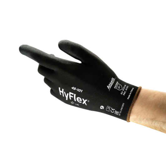 GUANTE HYFLEX RECUBIERTO EN  PALMA DE POLIURETANO,CON REVESTIMIENTO DE NYLON, RESISTENTE A LA ABRASION, DISENADOS PARA MANIPULACION DE OBJETOS PEQUENOS, AMBIENTES SECOS O ACEITOSO, CON  EXCELENTE DESTRESA, CUMPLE CON  EN 420 2003+ A1.2009 CATEORI – Ref.48-101